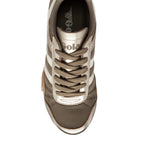Top-down view of a Gola trainer in bronze with white stripes and laces