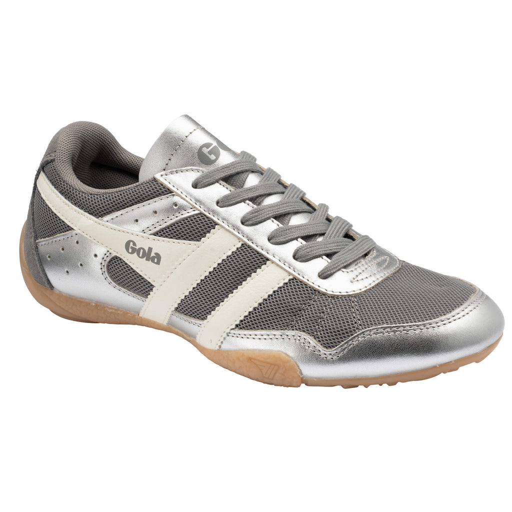 Gola Harrier trainer in silver and grey with white stripes and a gum sole