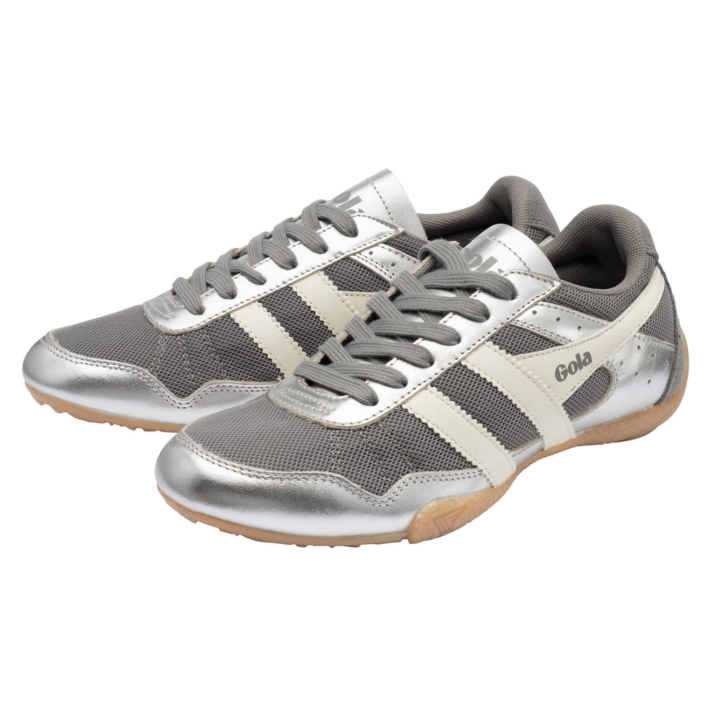 Pair of Gola trainers in silver and grey with white stripes and gum soles