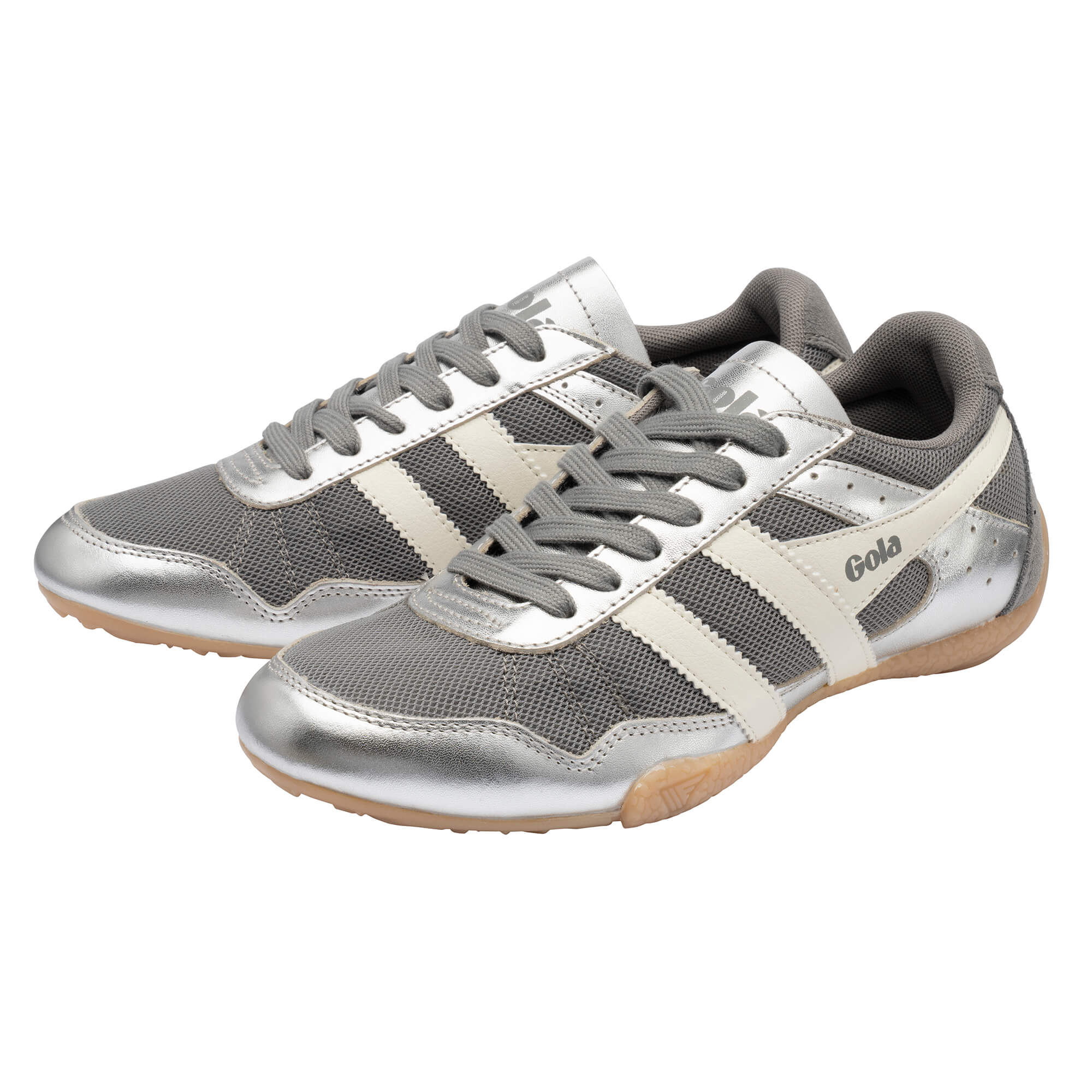 Pair of Gola trainers in silver and grey with white stripes and gum soles