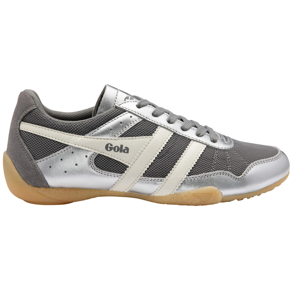 Gola Harrier trainer in silver and grey with white stripes and a gum sole