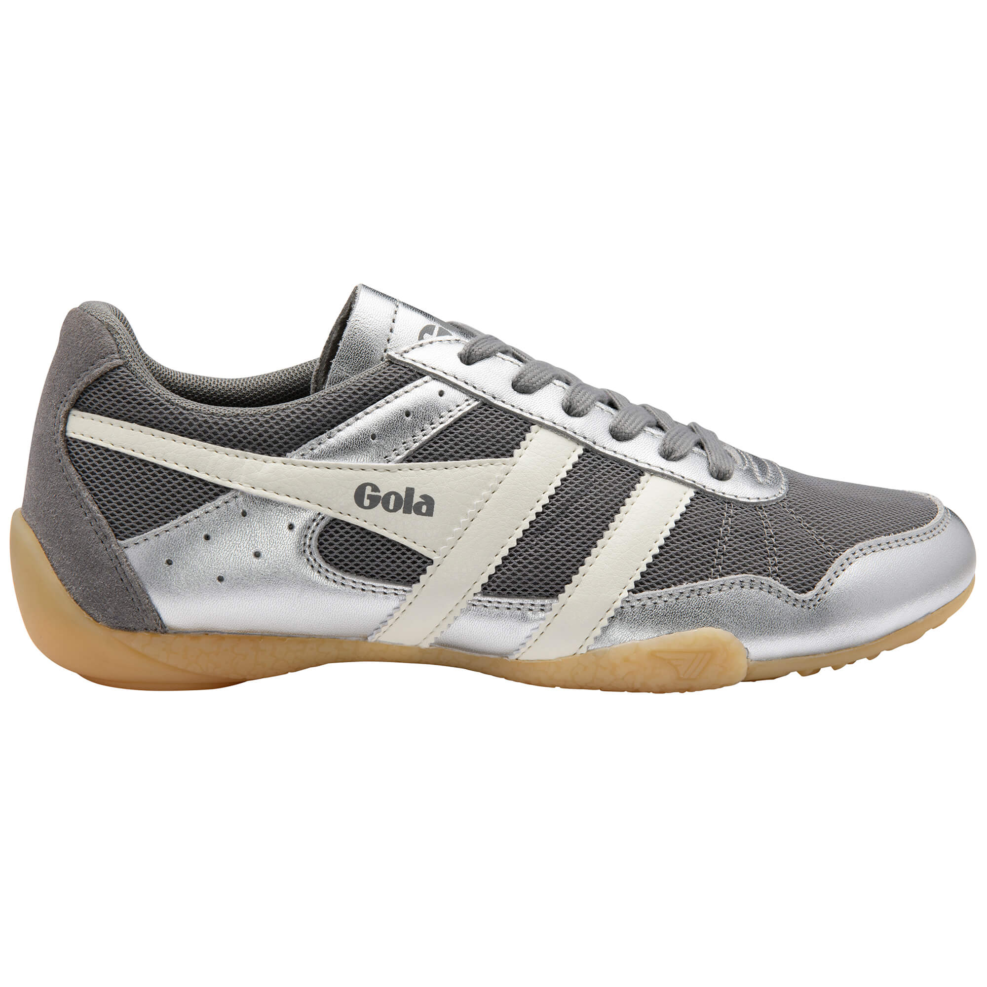 Gola Harrier trainer in silver and grey with white stripes and a gum sole
