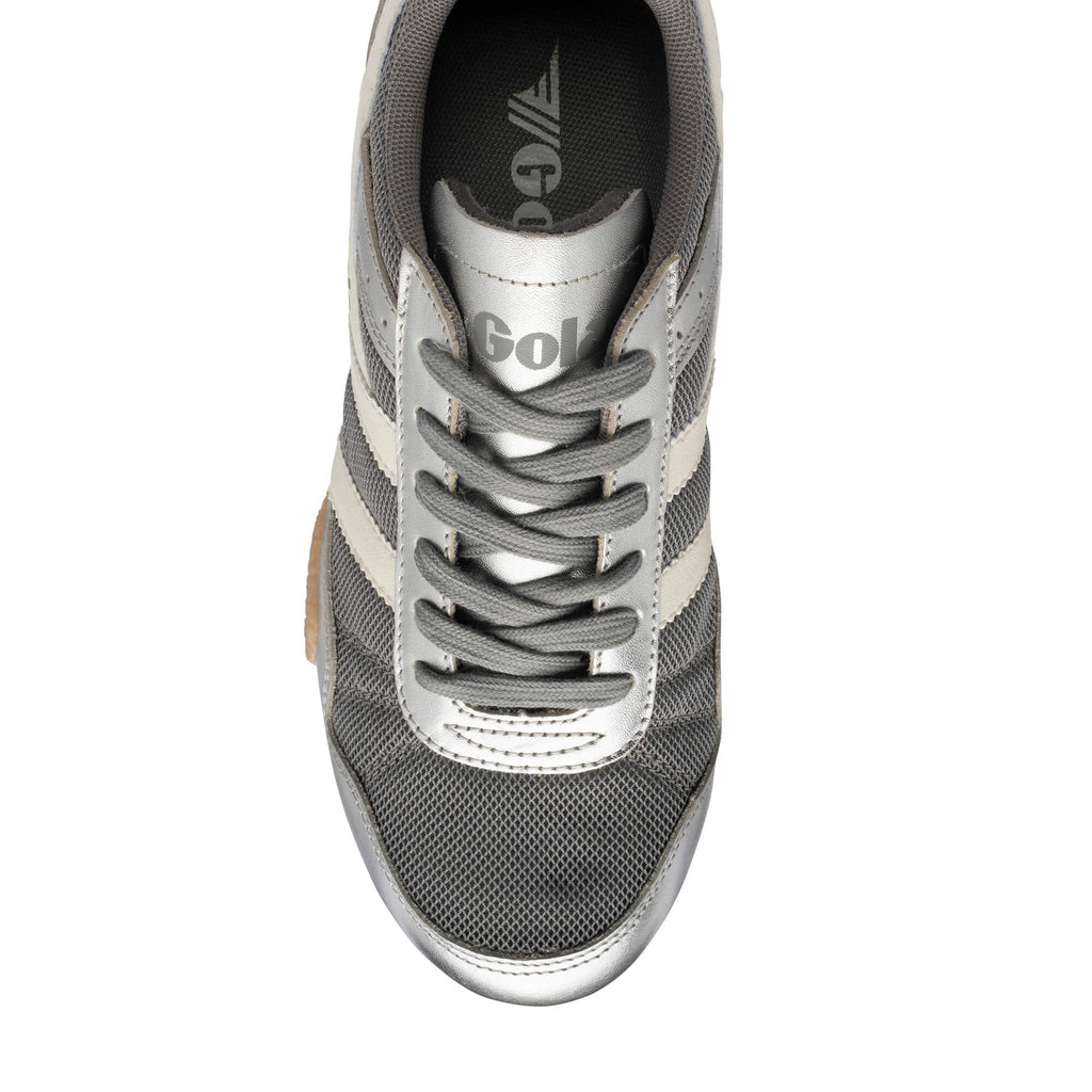 Gola Daytona trainer in grey and silver with white stripes and grey laces
