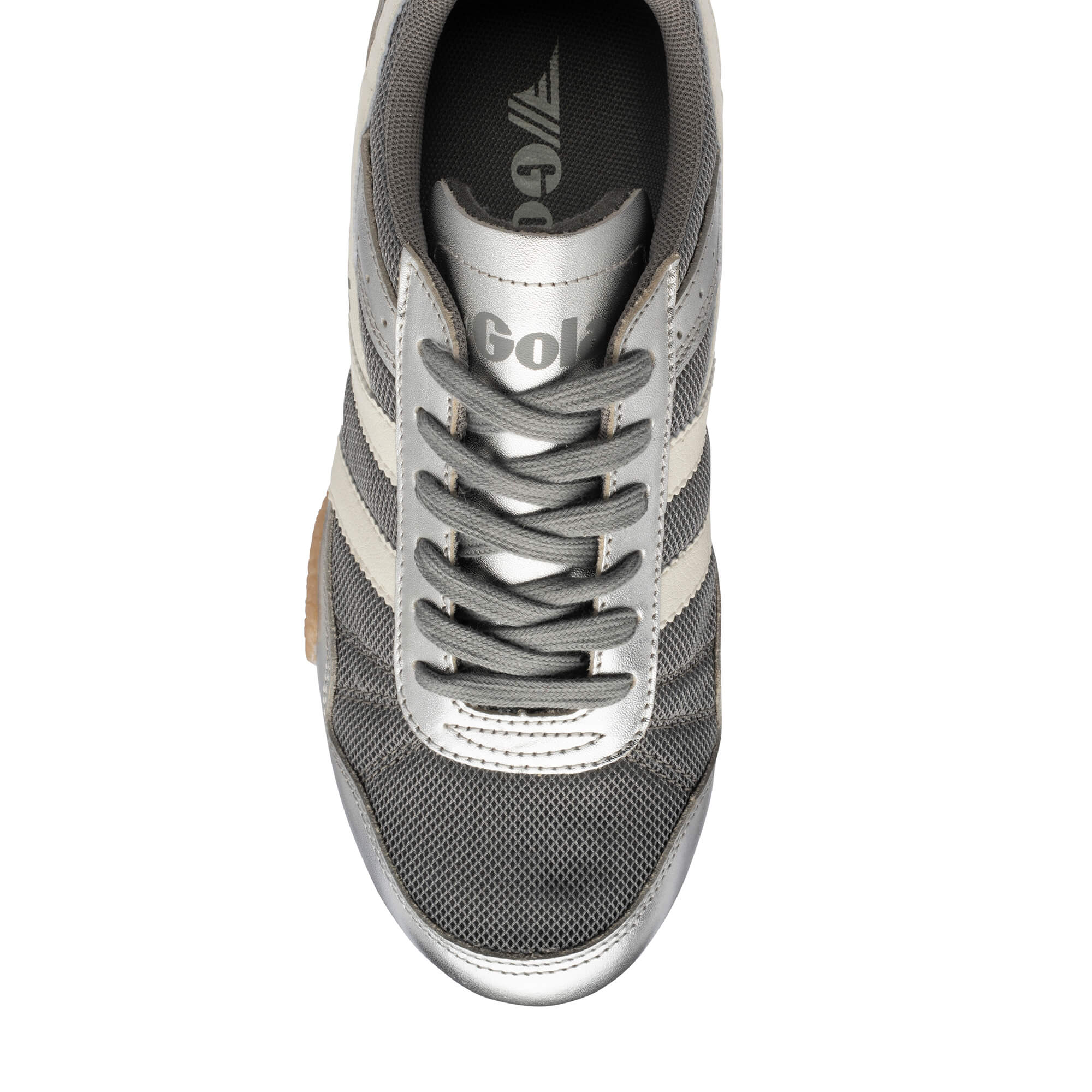 Gola Daytona trainer in grey and silver with white stripes and grey laces