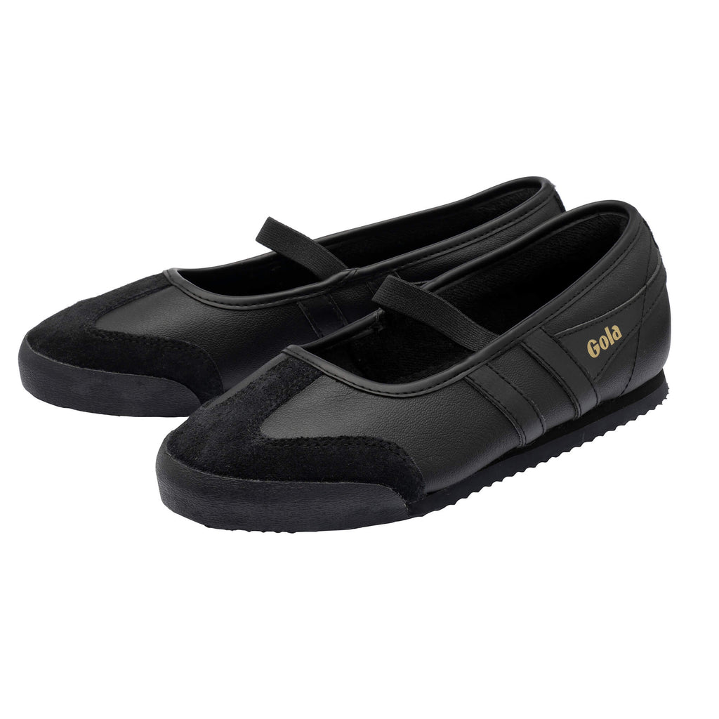 Pair of black Gola Harrier T-Bar trainers with gold Gola branding