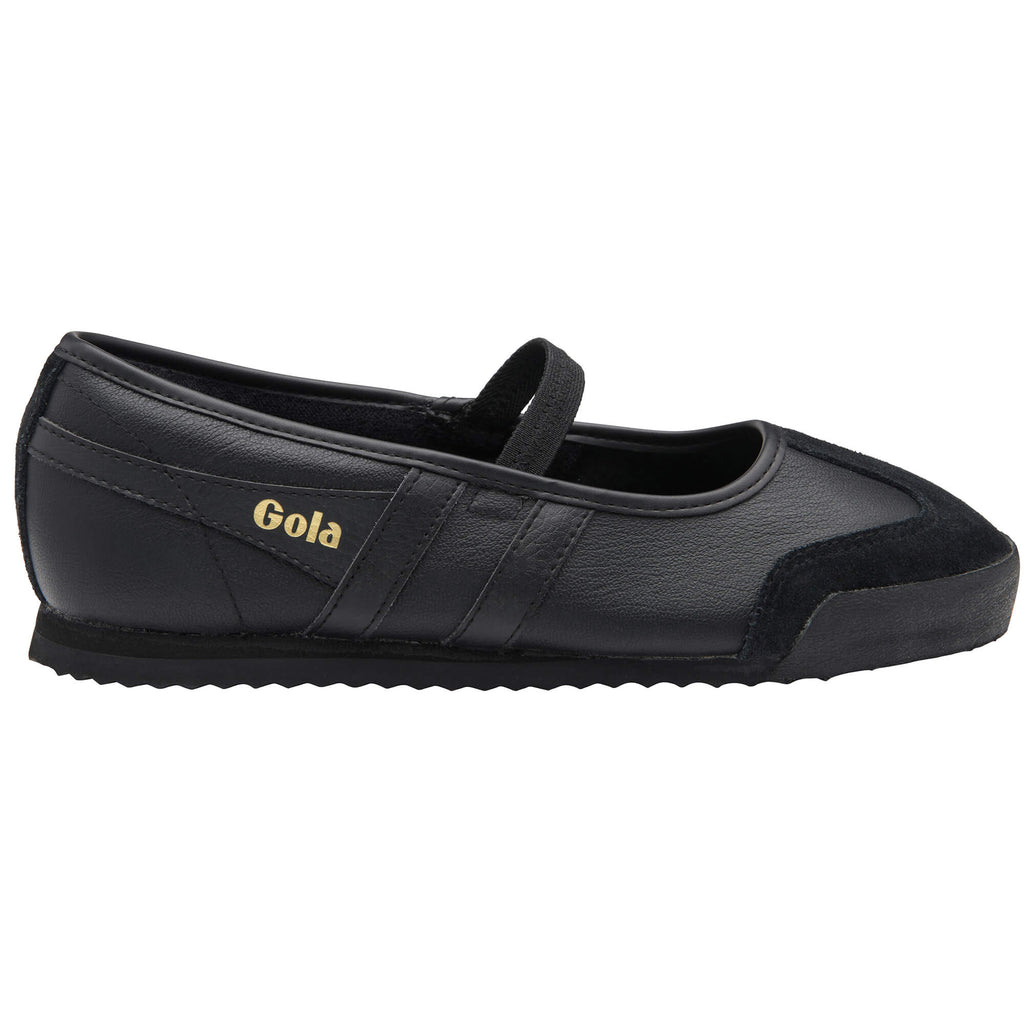Black Gola Harrier T-bar shoe with gold Gola logo on the side