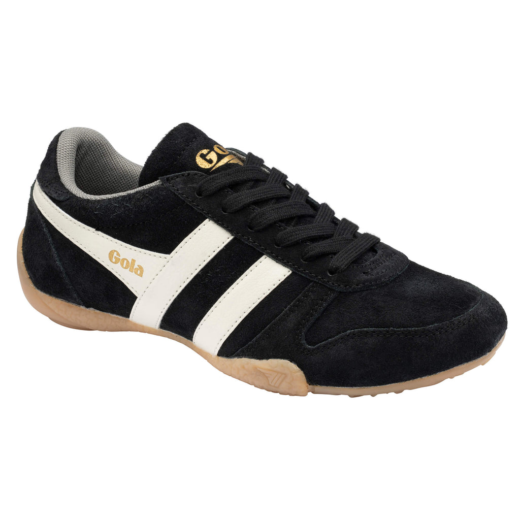 Gola Harrier suede trainers in black with white stripes and a gum sole
