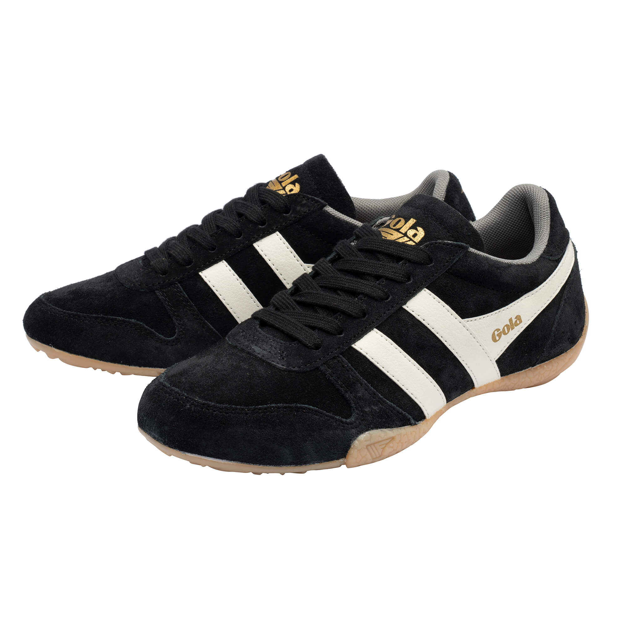 Pair of black Gola trainers with white stripes and gold Gola branding