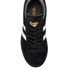 Black Gola trainer with white stripes and gold Gola logo