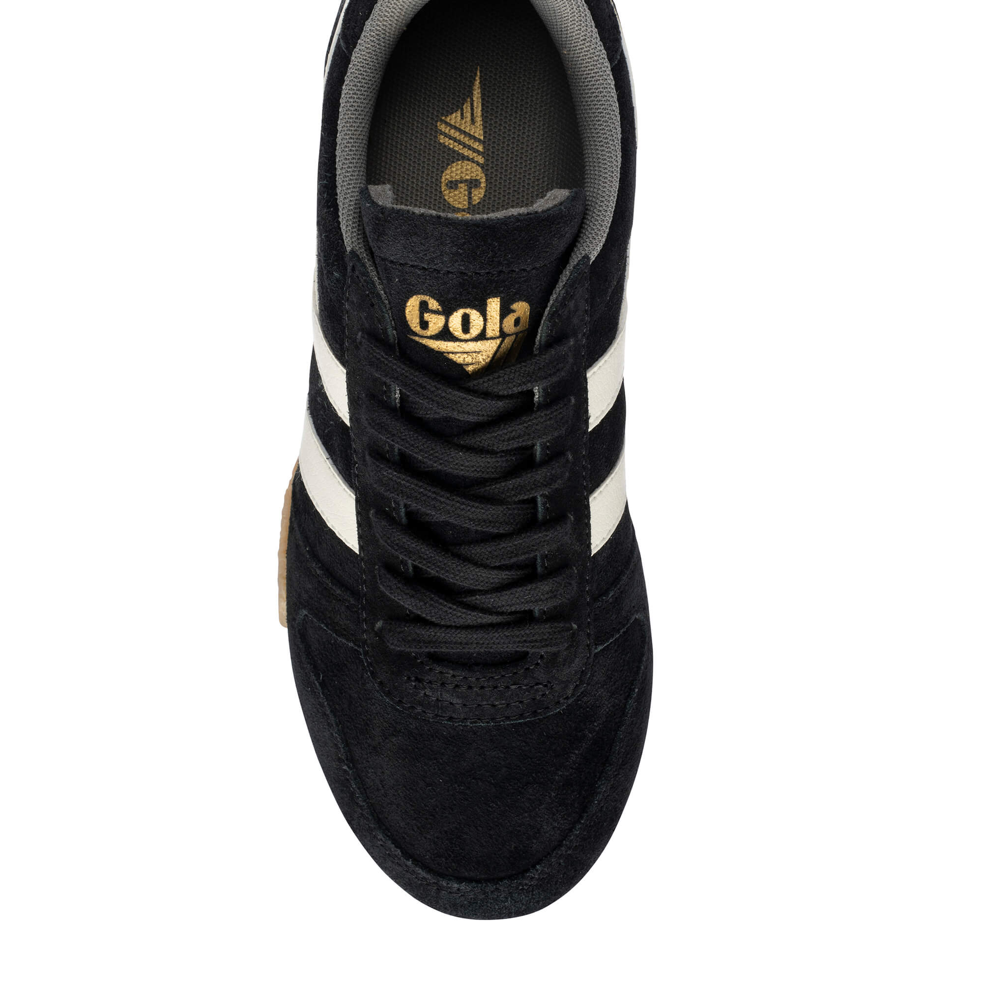 Black Gola trainer with white stripes and gold Gola logo