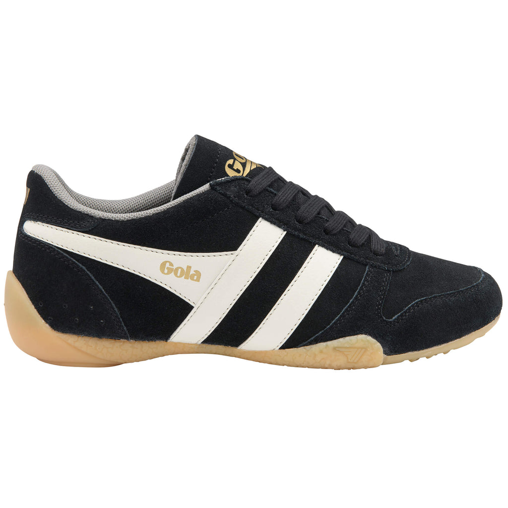 Gola Harrier suede trainers in black with white stripes and a gum sole