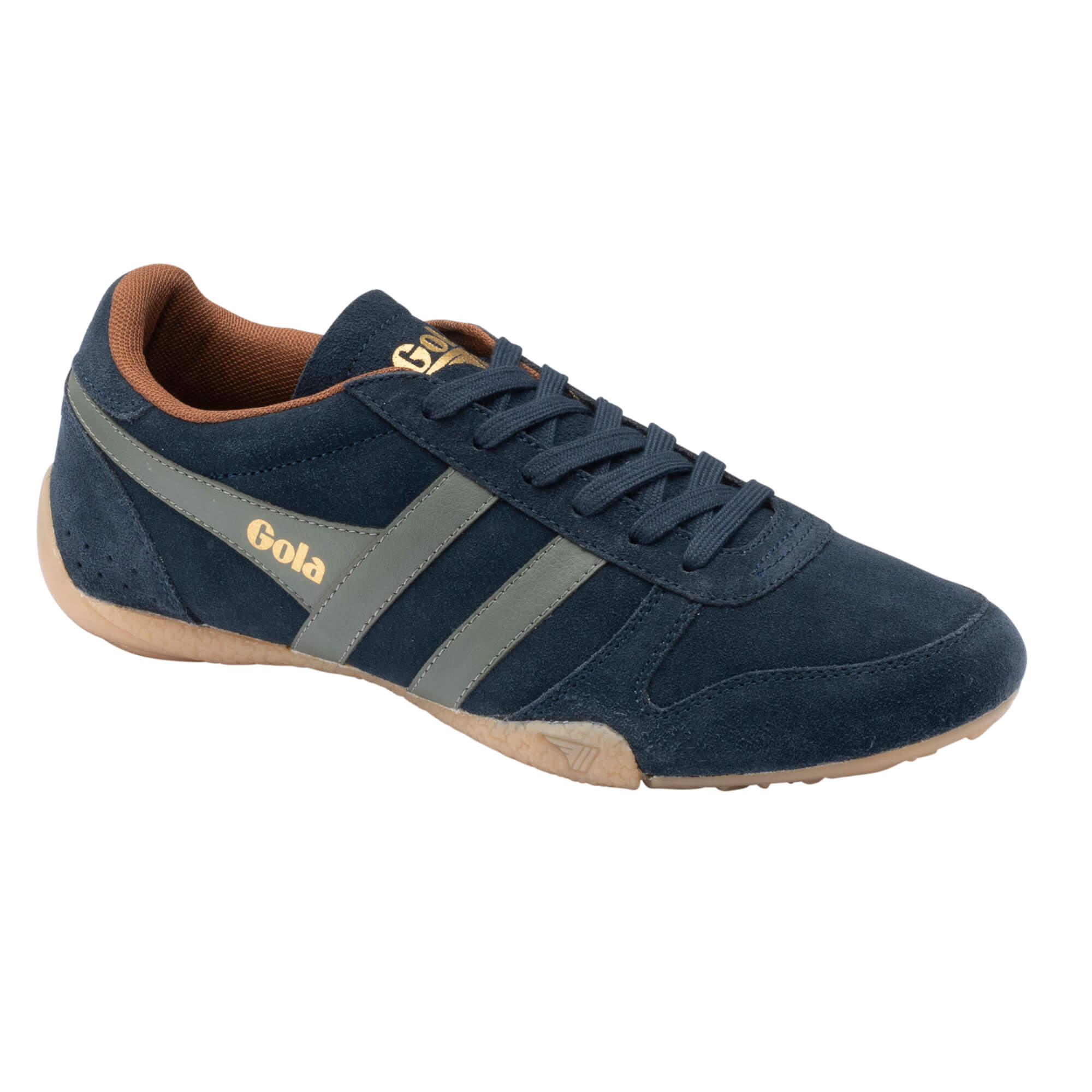 Gola Harrier suede trainer in navy with grey stripes and gum sole