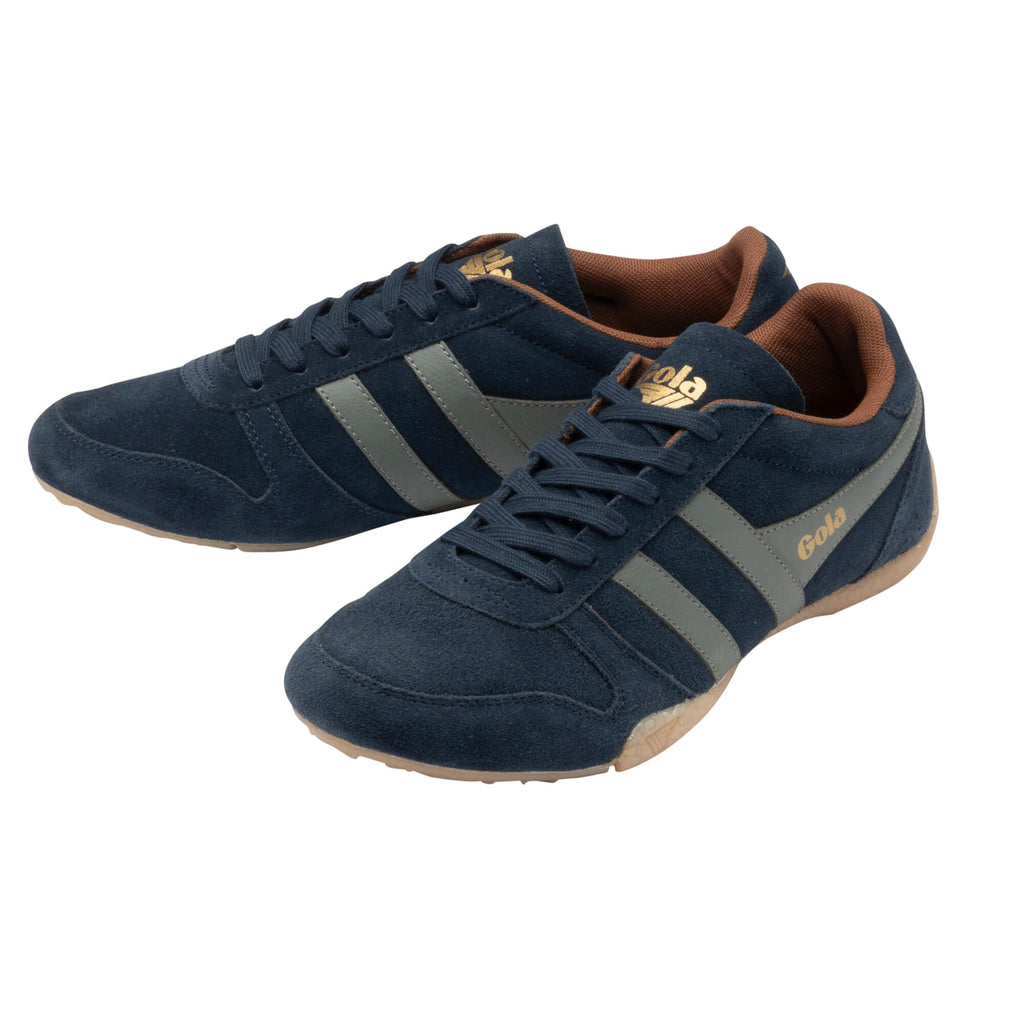 Pair of Gola Harrier suede trainers in navy with grey stripes and brown trim