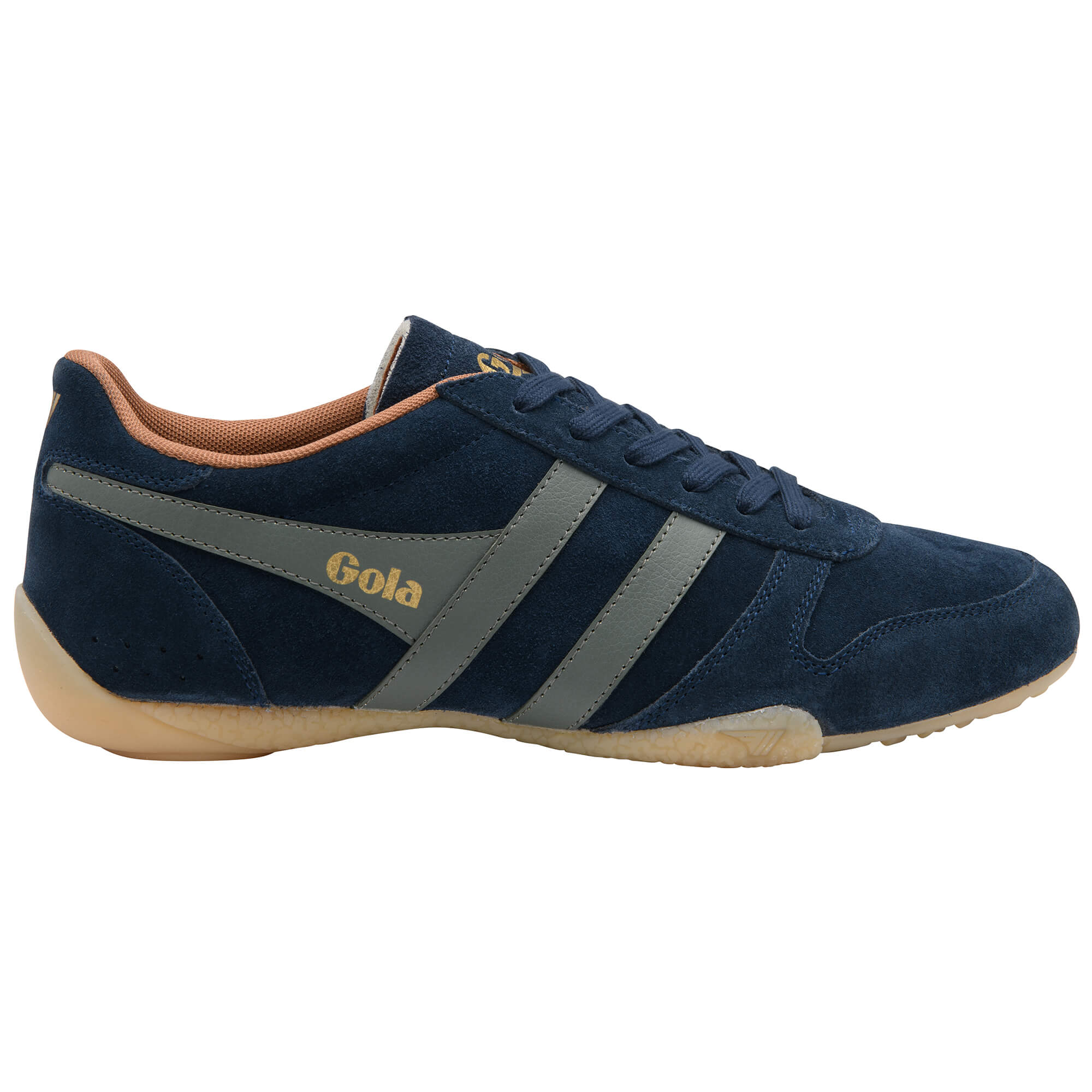 Navy blue suede Gola trainer with grey stripes and a tan sole