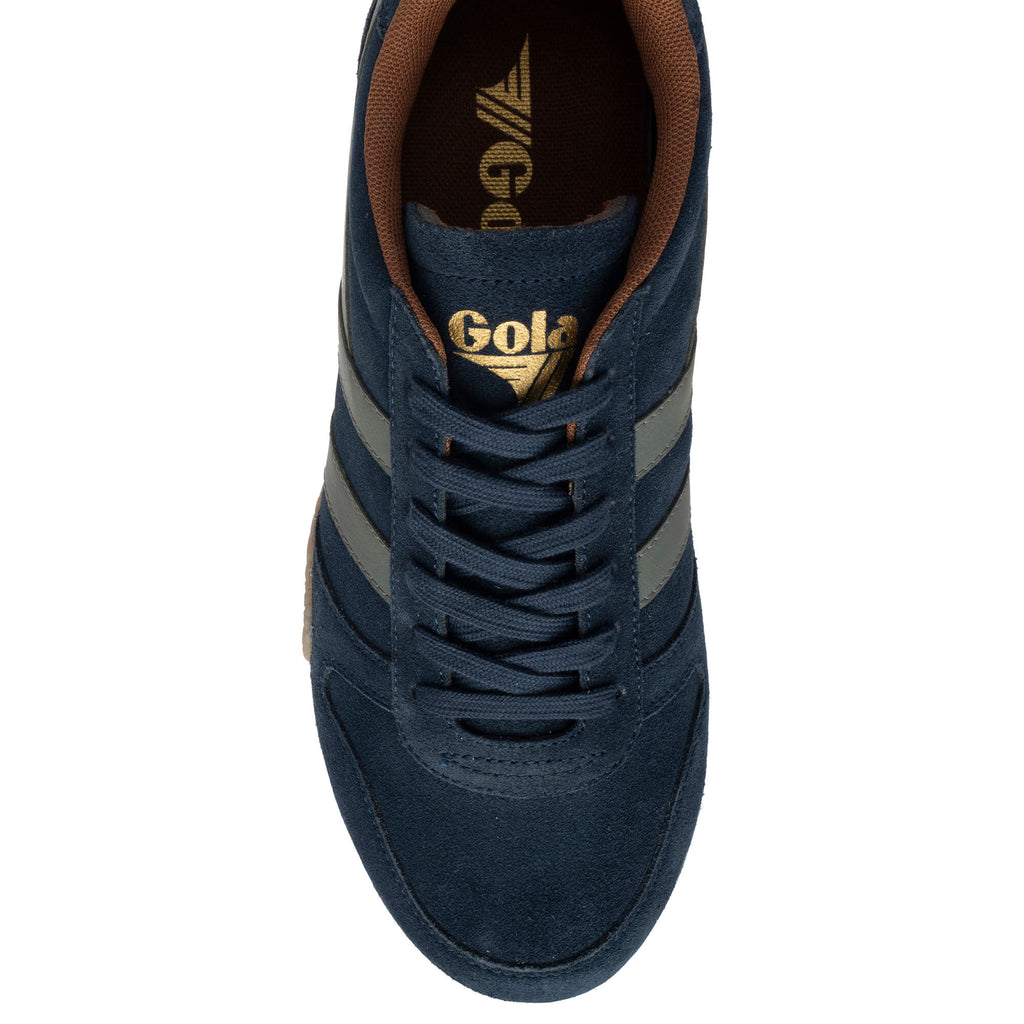 Gola Harrier suede trainers in navy with grey stripes and brown trim