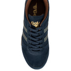 Gola Harrier suede trainers in navy with grey stripes and brown trim