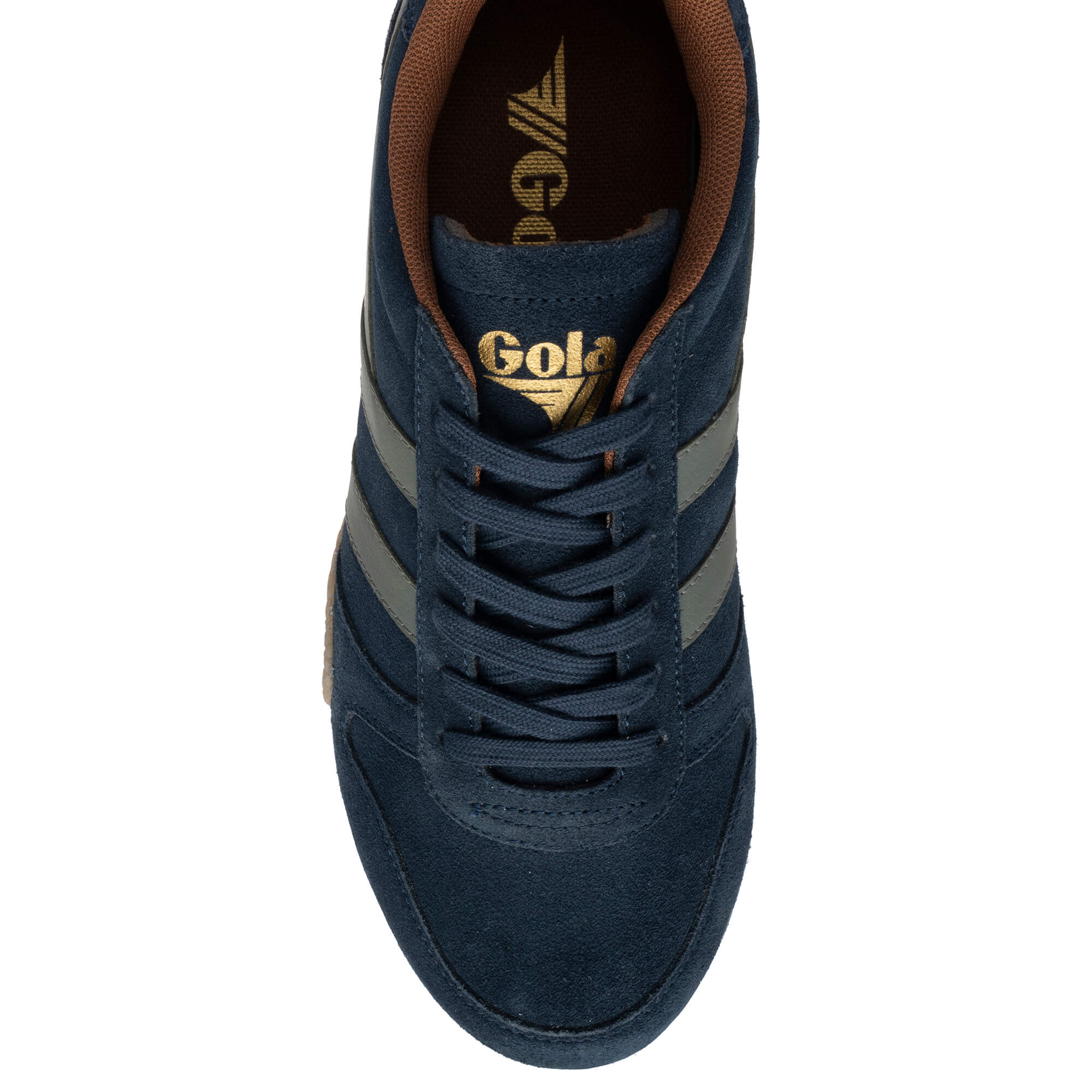 Gola Harrier suede trainers in navy with grey stripes and brown trim