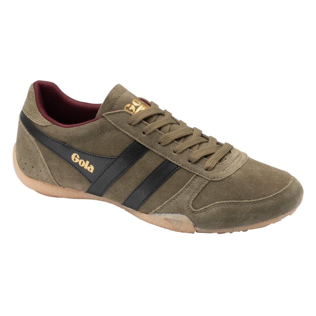 Gola Harrier suede trainer in khaki with black stripes and gold Gola branding