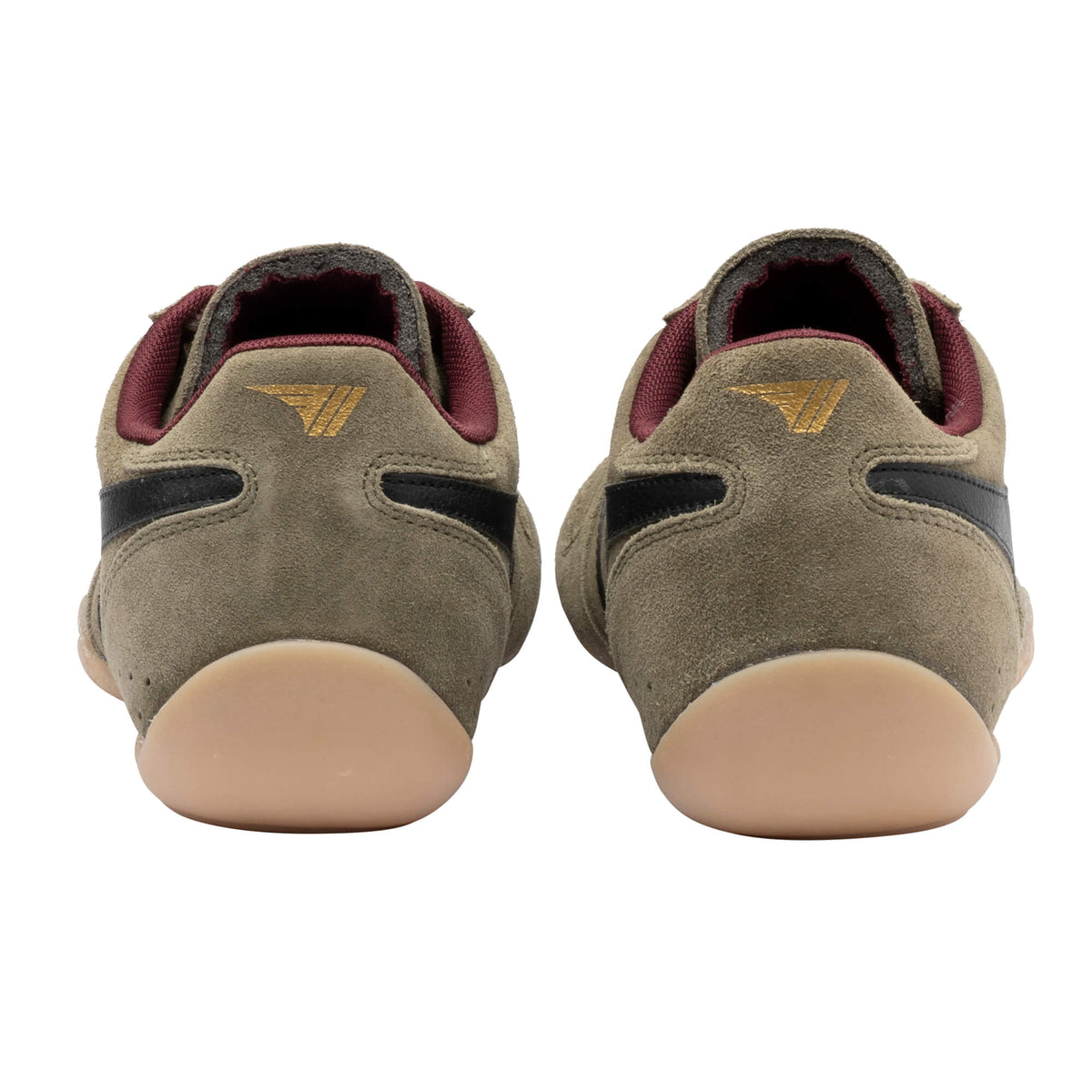 Pair of olive green suede shoes with black stripes and gold logo on the heel