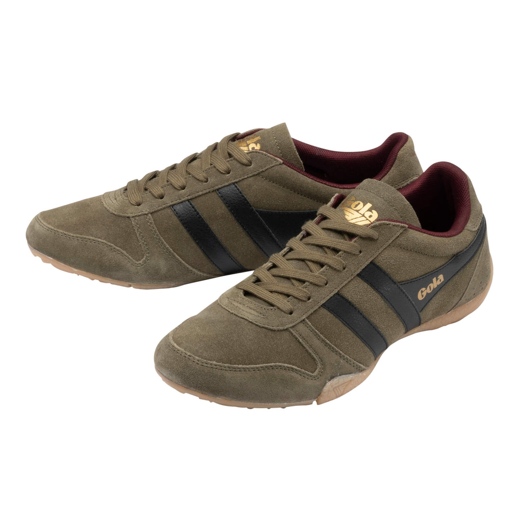 Pair of Gola Harrier trainers in khaki suede with black stripes and gold branding