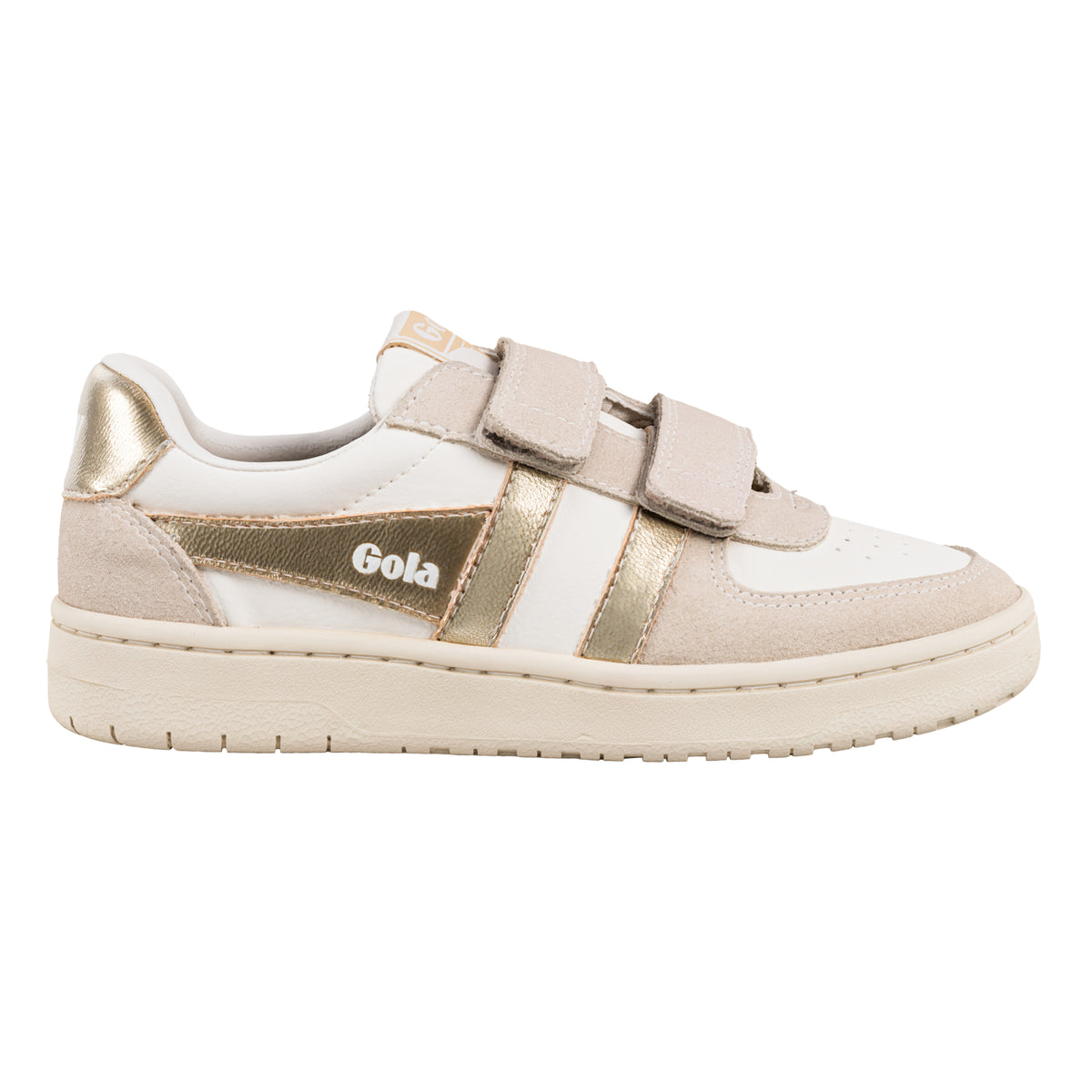 Gola Classics white and metallic gold trainer with hook and loop fastening