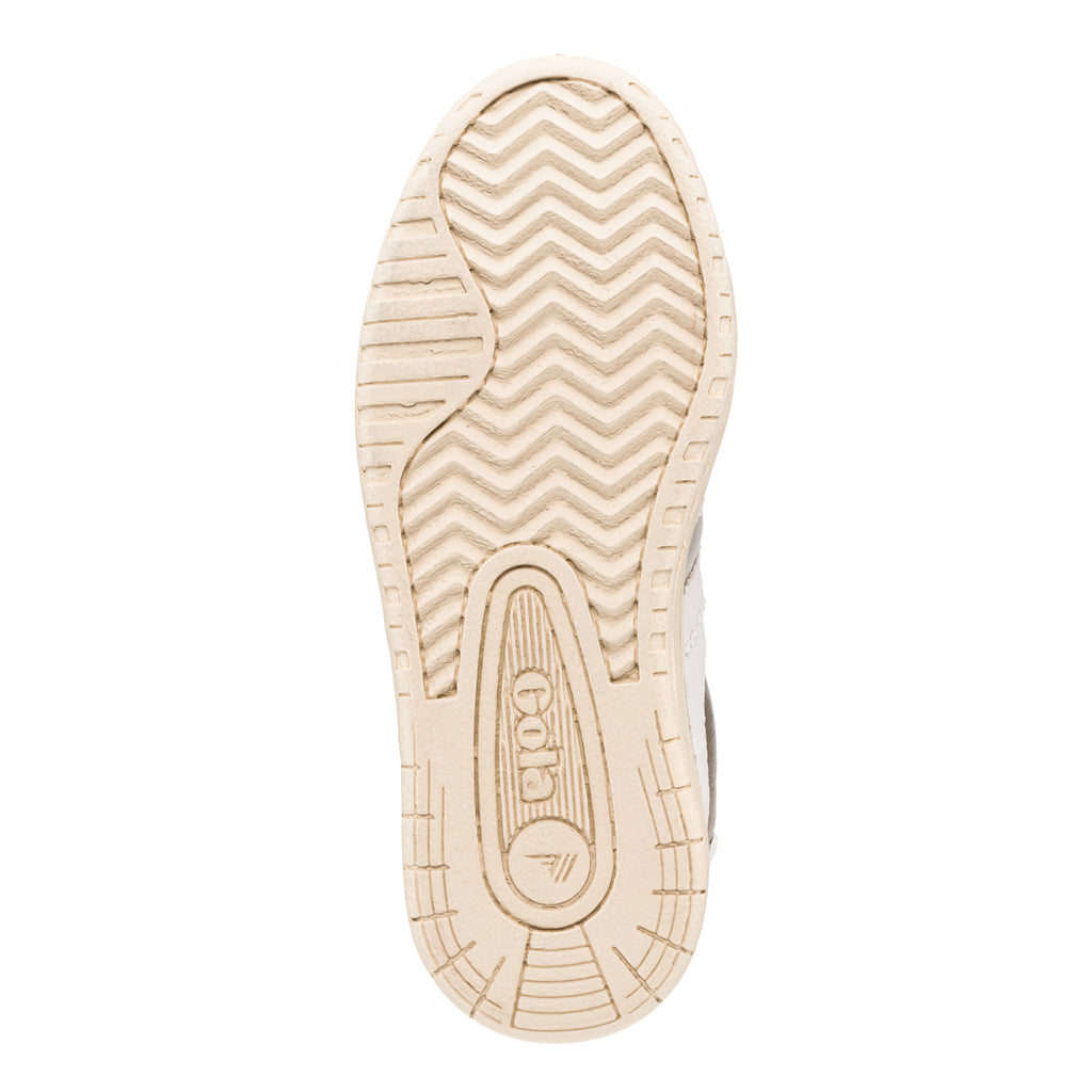 Cream coloured rubber trainer sole with chevron tread pattern and Gola branding