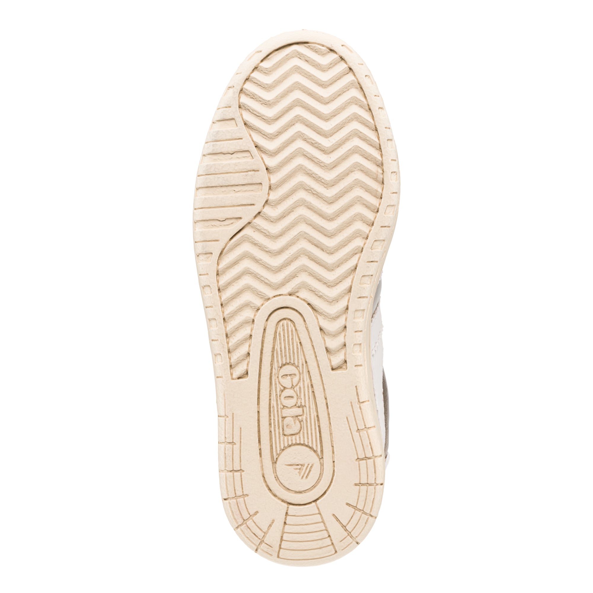 Cream coloured rubber trainer sole with chevron tread pattern and Gola branding