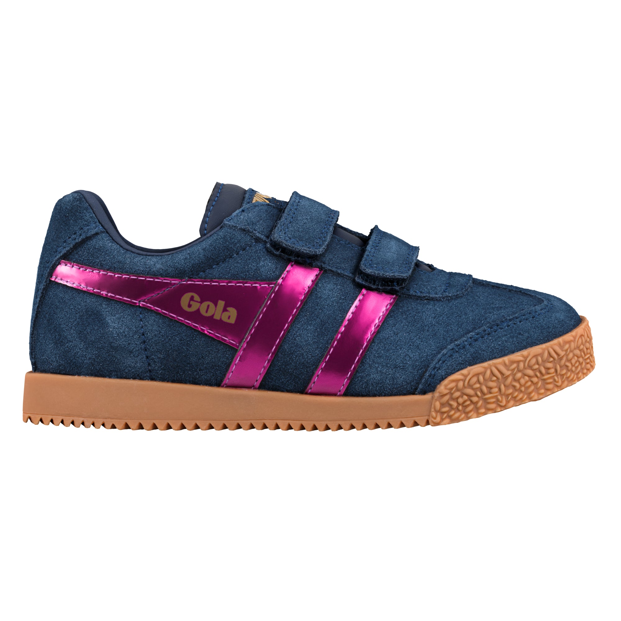 Navy blue suede trainer with metallic pink side stripes and gum sole
