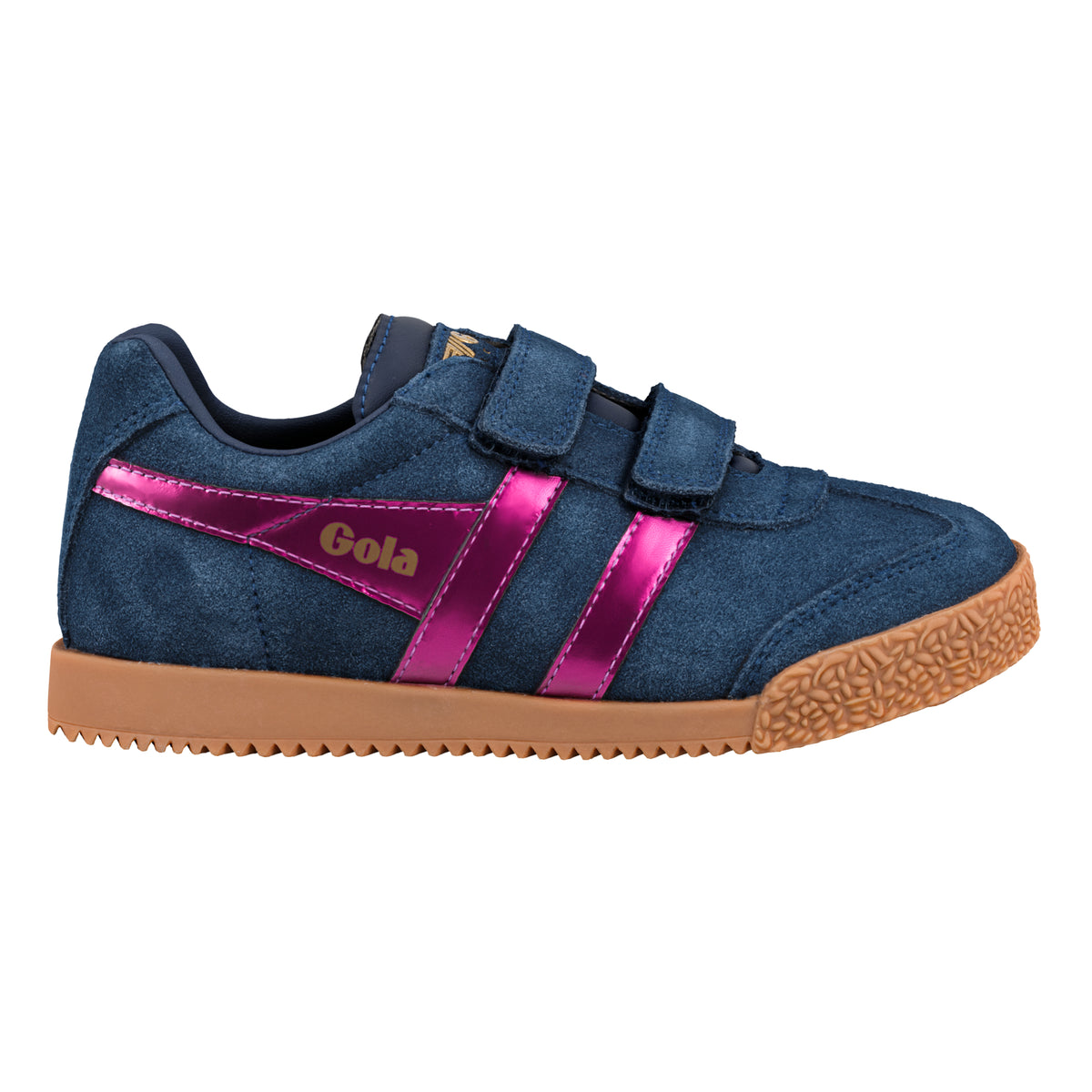 Gola Classics navy suede trainer with metallic pink side stripes and gum sole