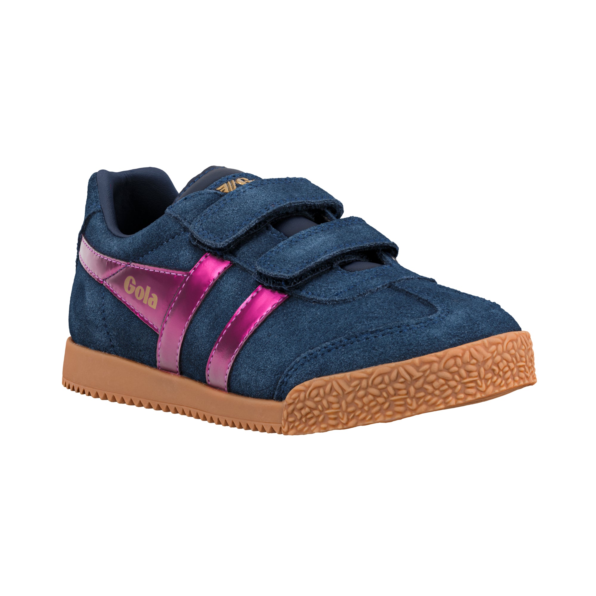 Navy blue suede Gola trainer with metallic pink side stripes and gum sole
