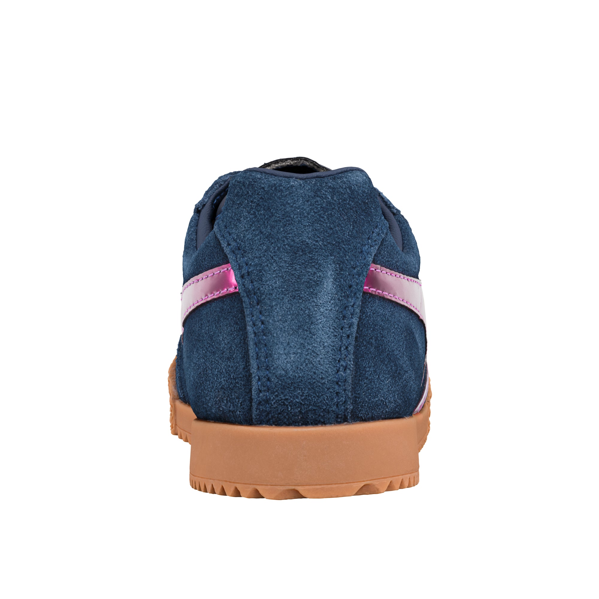 Rear view of a navy blue suede trainer with a gum rubber sole and pink side stripe