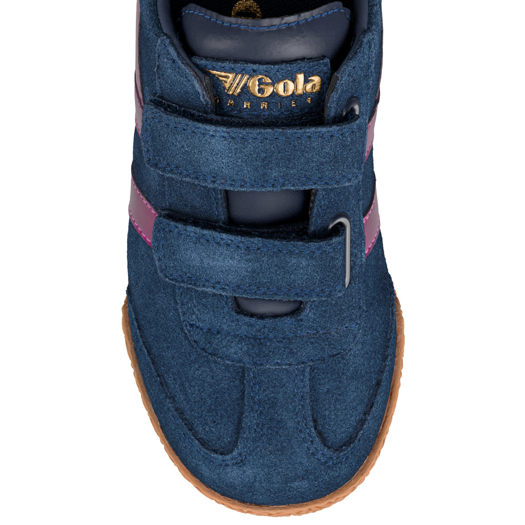 Navy blue suede trainer with hook and loop fastenings and gum sole