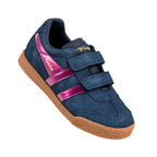 Navy blue suede Gola trainer with metallic pink side stripes and gum sole with hook and loop fastening