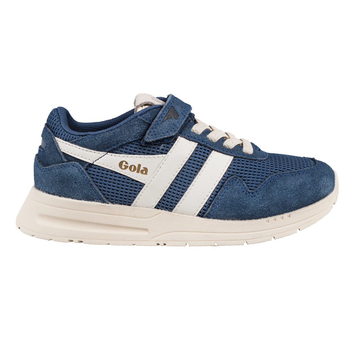Gola Classics navy blue suede and mesh trainer with white side stripes and hook and loop fastening