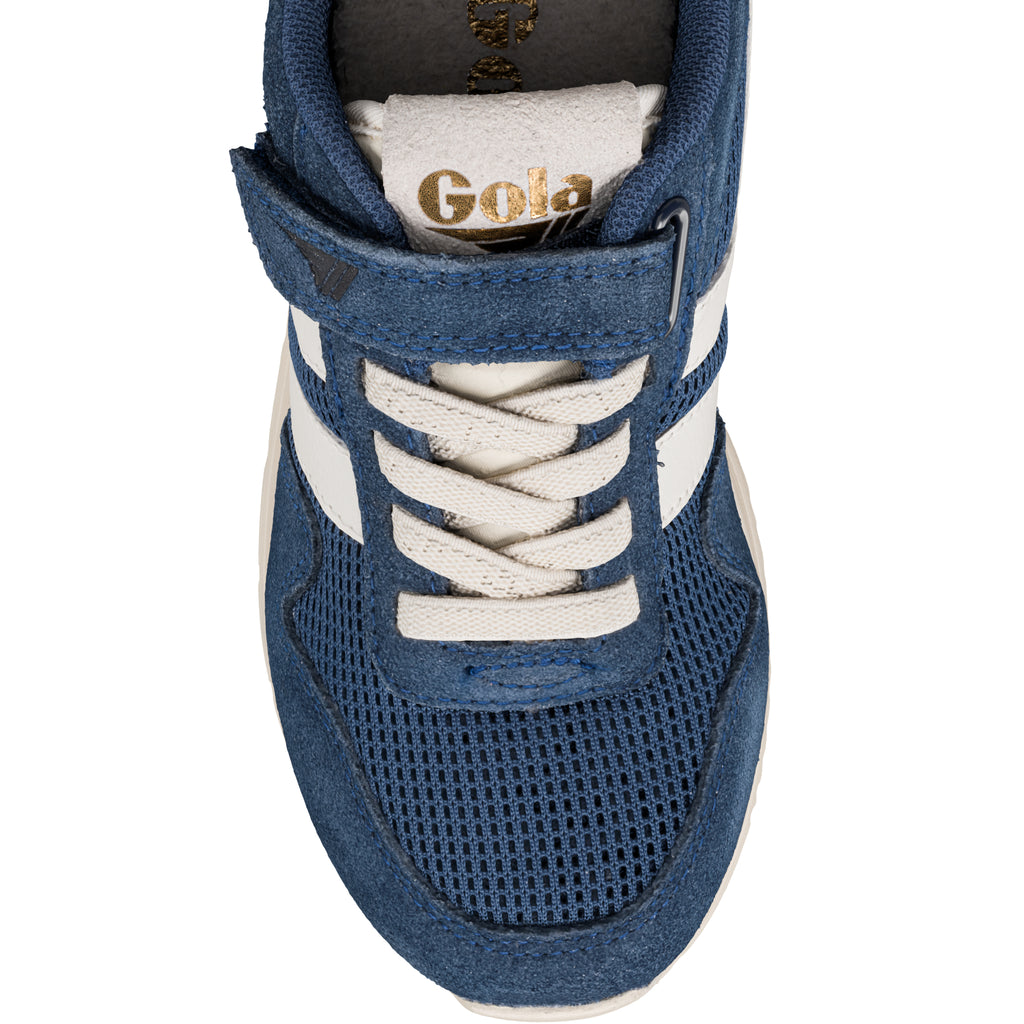 Blue suede and mesh Gola trainer with white laces and a hook and loop strap