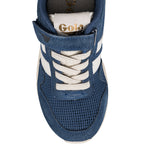 Blue suede and mesh Gola trainer with white laces and a hook and loop strap