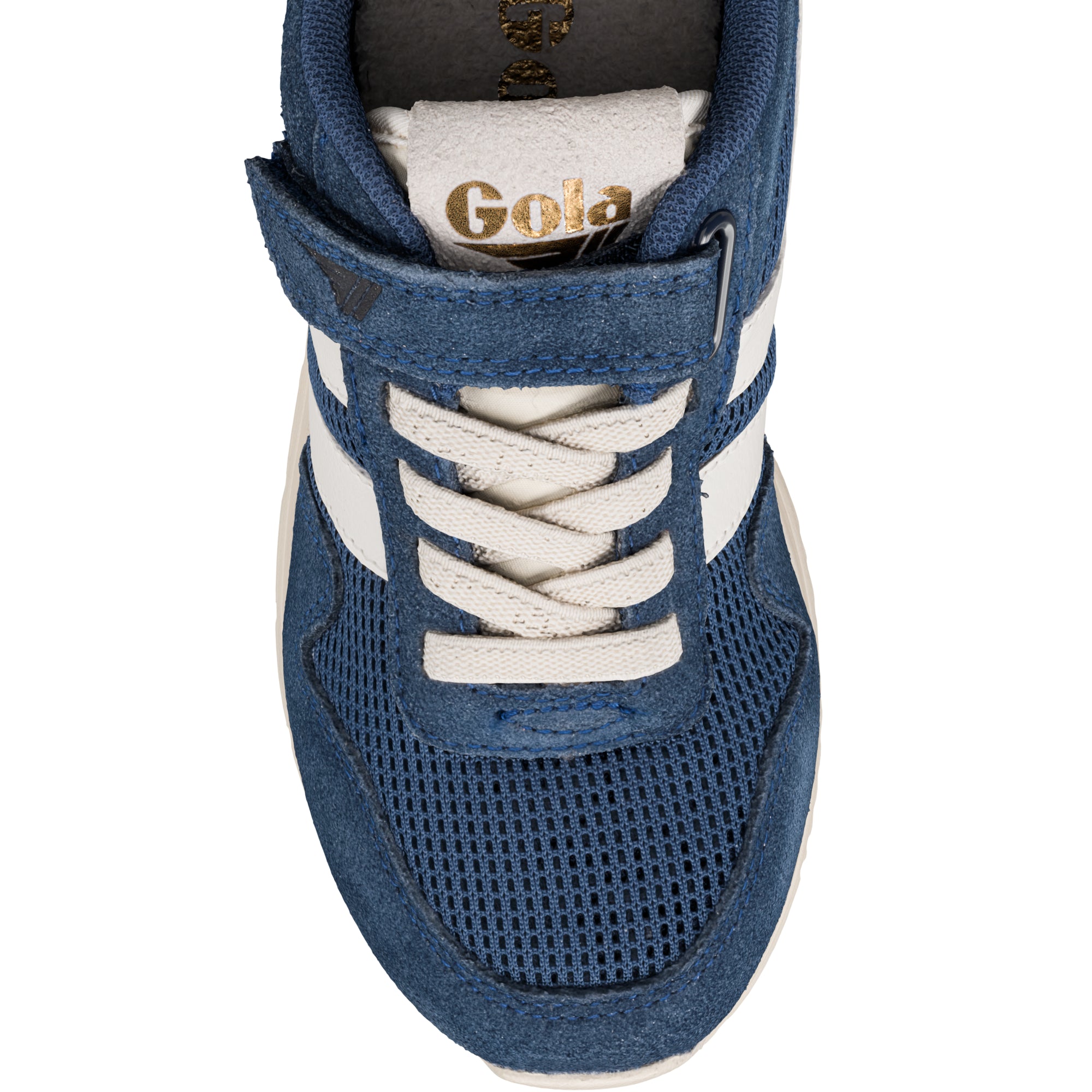Blue suede and mesh Gola trainer with white laces and a hook and loop strap