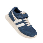 Blue suede and mesh Gola trainer with white side stripes and hook and loop fastening