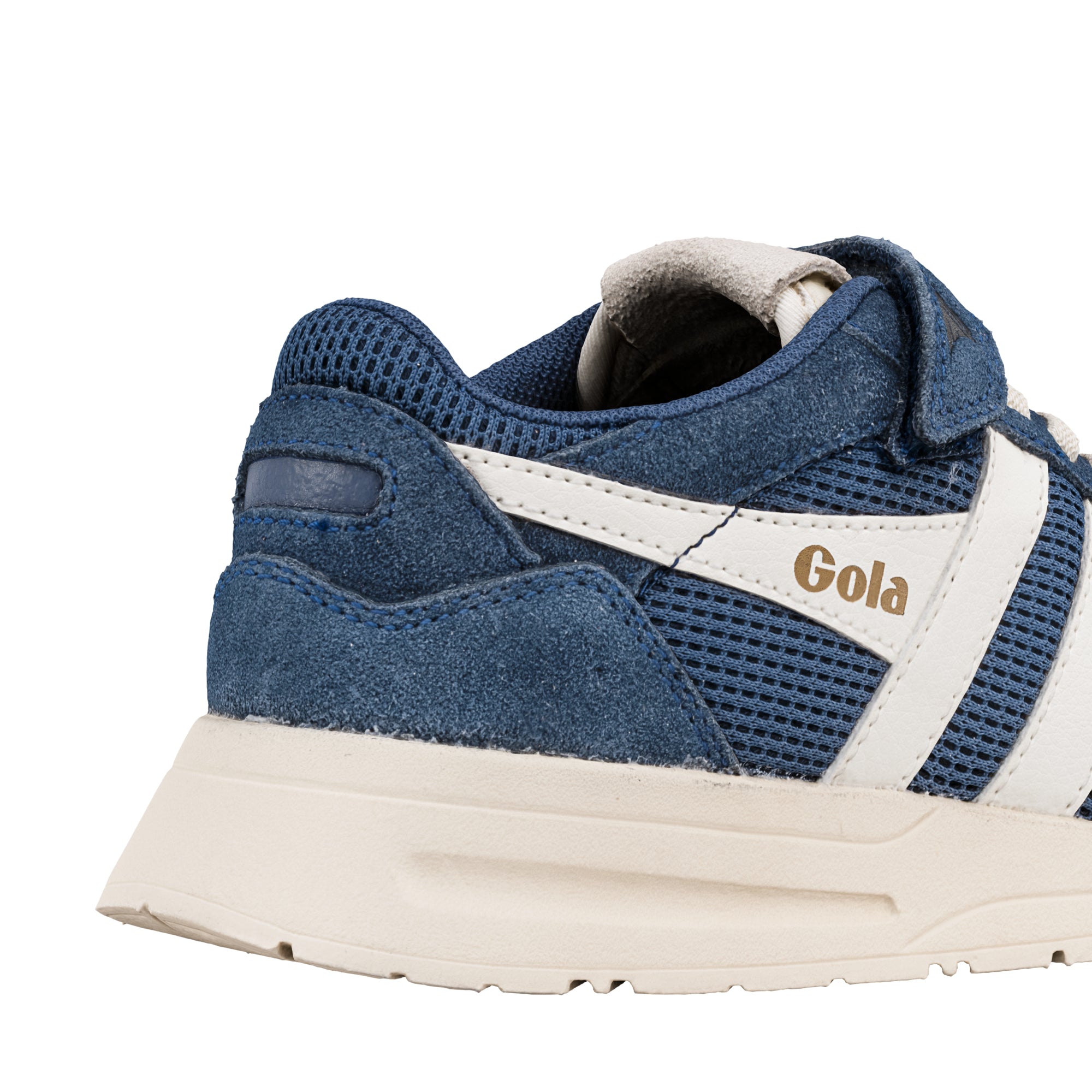 Close up of the heel and side panel of a blue and white Gola trainer