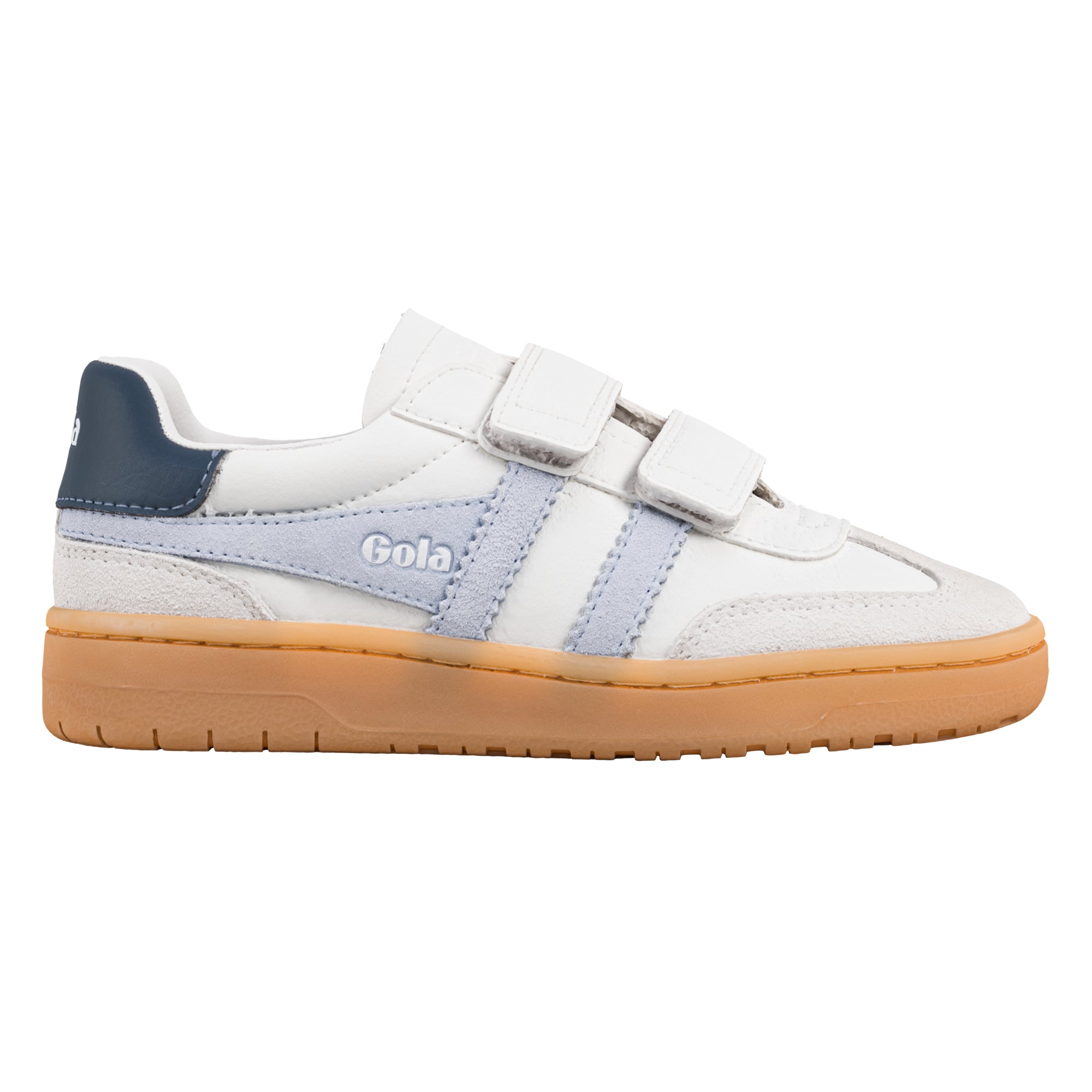 White Gola trainer with blue suede accents and a gum rubber sole