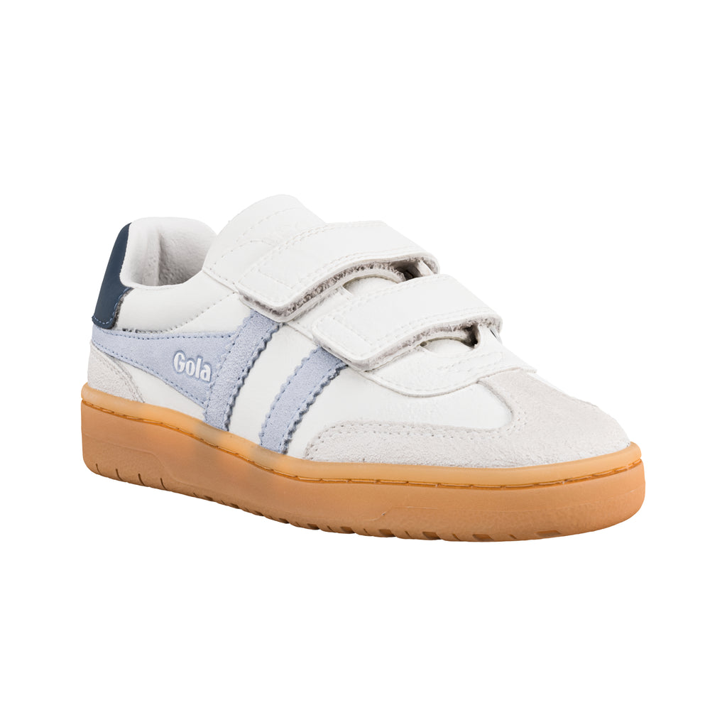 White Gola children trainer with hook and loop fastening and gum sole