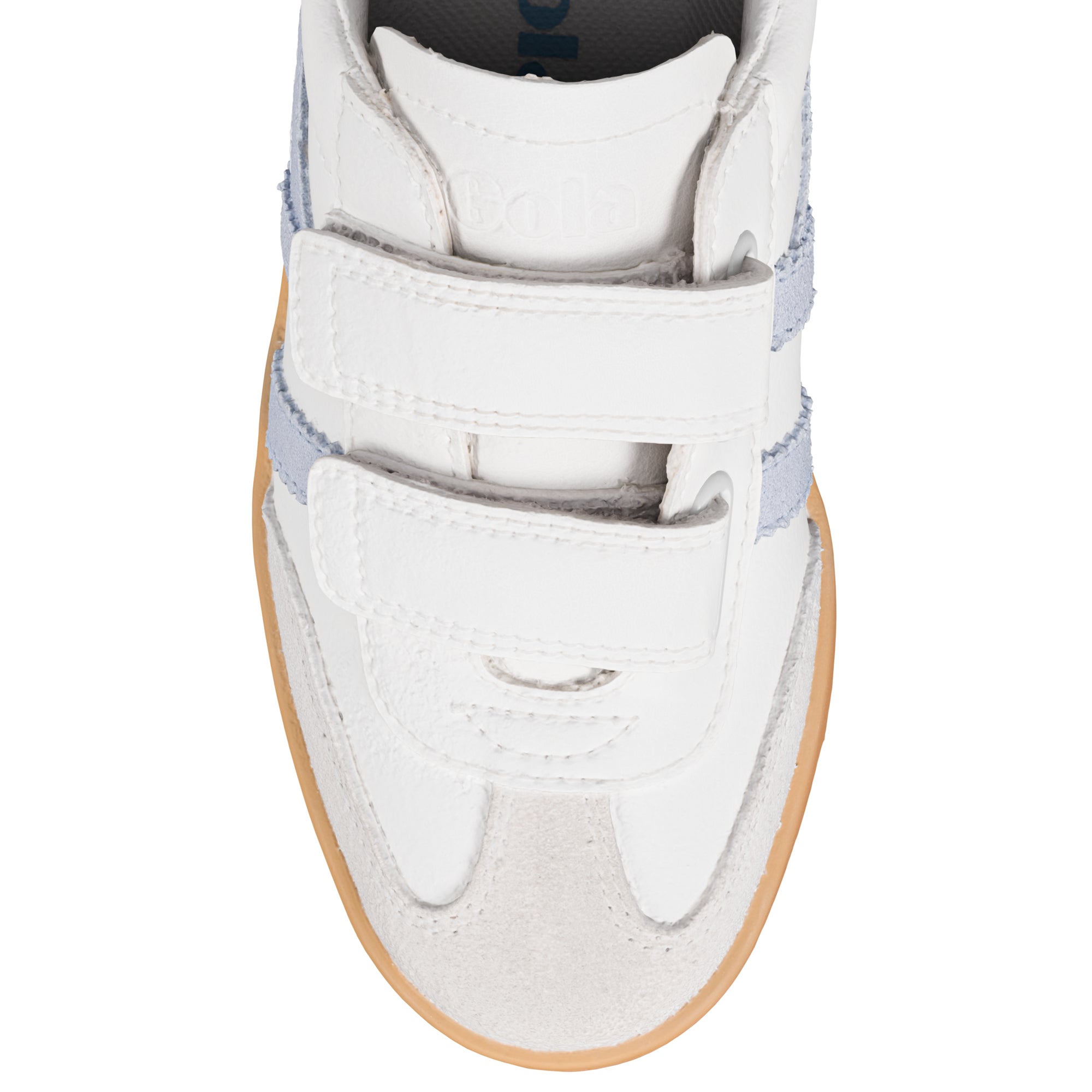 White Gola trainer with two hook and loop straps and a gum sole