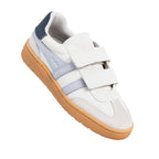 White Gola trainer with blue side stripes and gum sole featuring two hook and loop straps