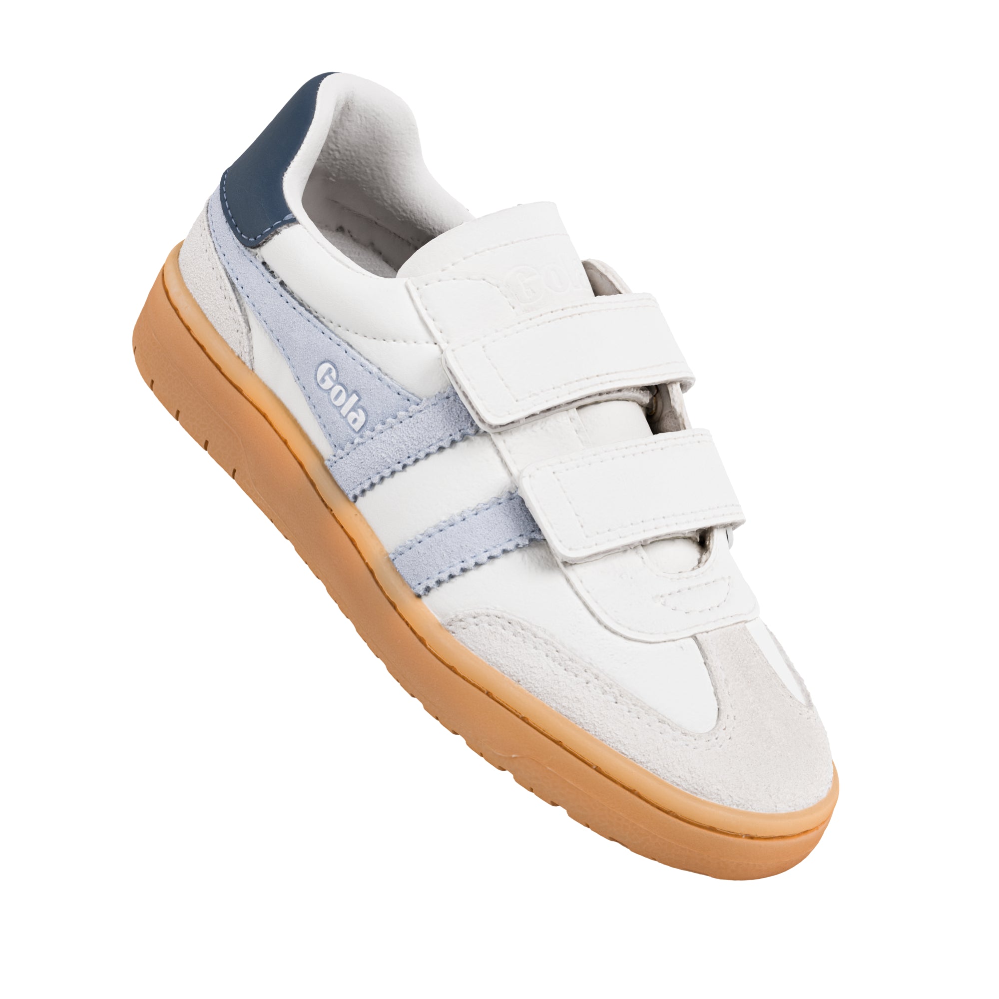 White Gola trainer with blue side stripes and gum sole featuring two hook and loop straps