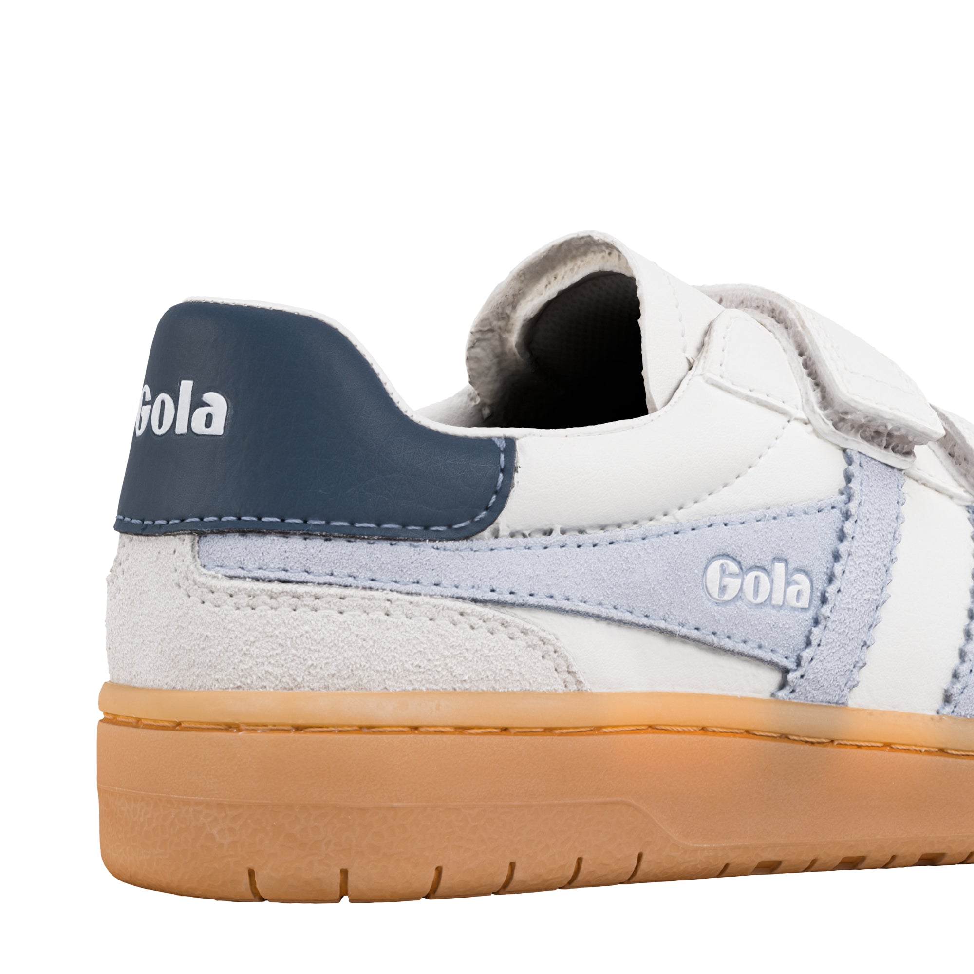 Close up of the heel and side of a white Gola trainer with a gum sole and blue suede detailing