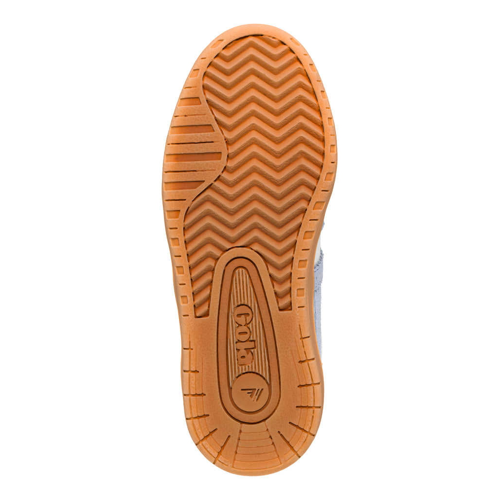 Gum rubber trainer sole with chevron tread pattern and Gola branding