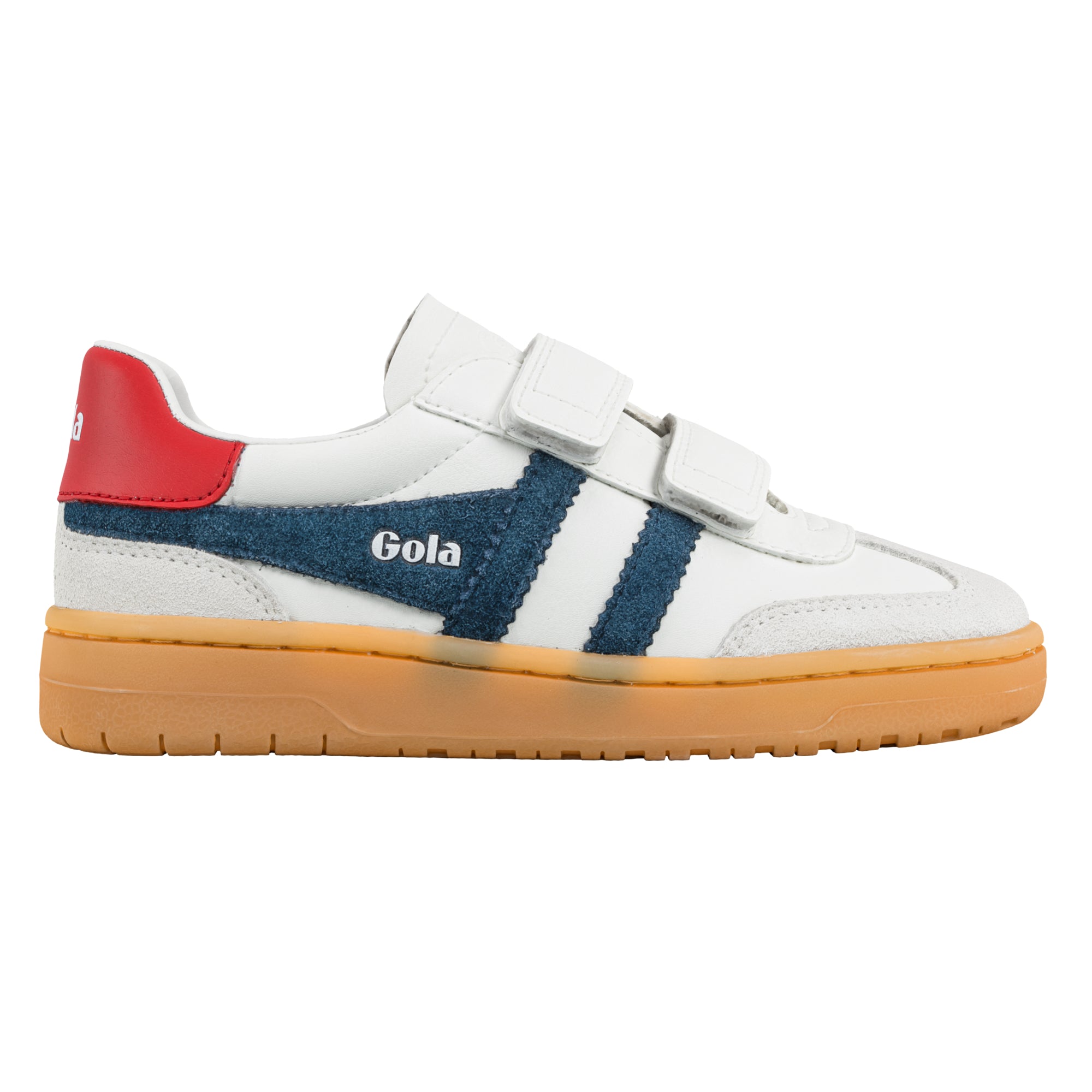 White Gola trainer with blue suede side stripes red heel tab and gum rubber sole featuring hook and loop fastenings