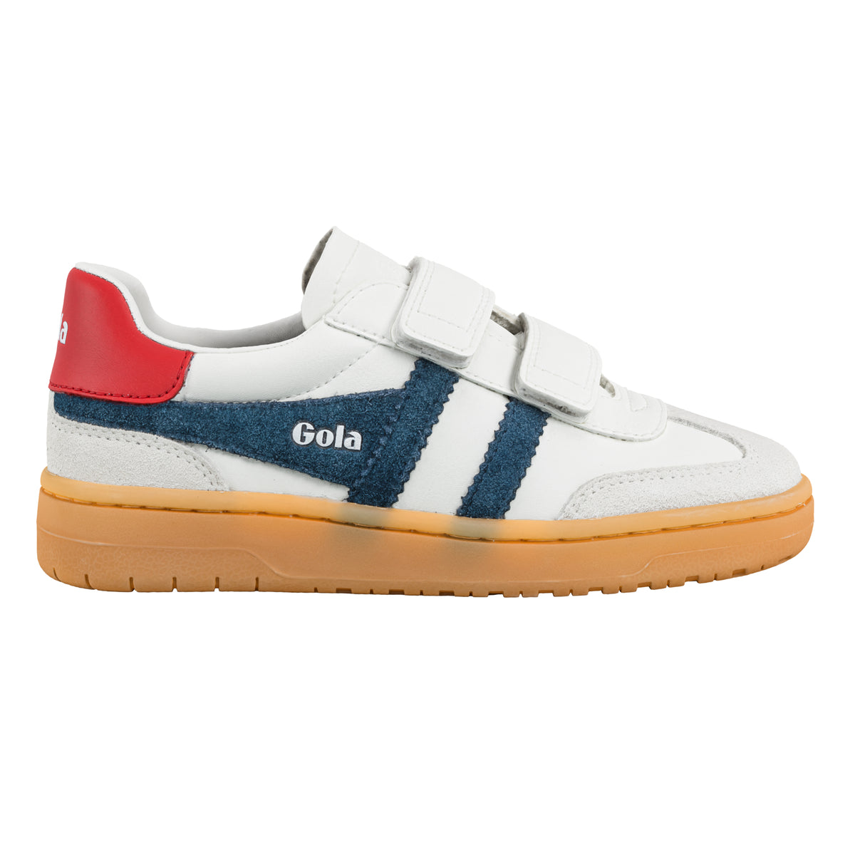 Gola Classics white trainer with blue suede side stripes red heel tab and gum sole with hook and loop fastening