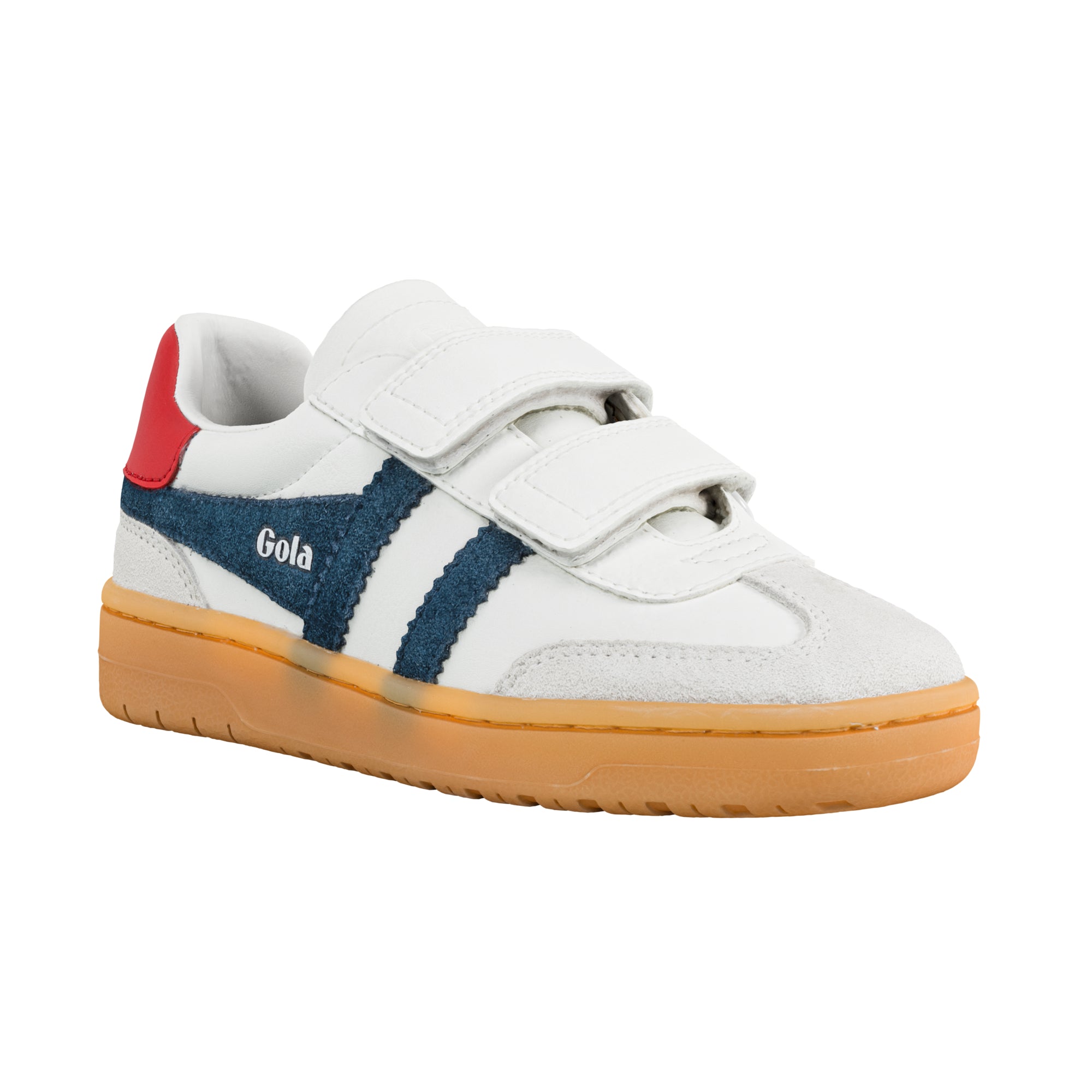 White Gola trainer with blue side stripes red heel tab and gum sole with hook and loop fastening