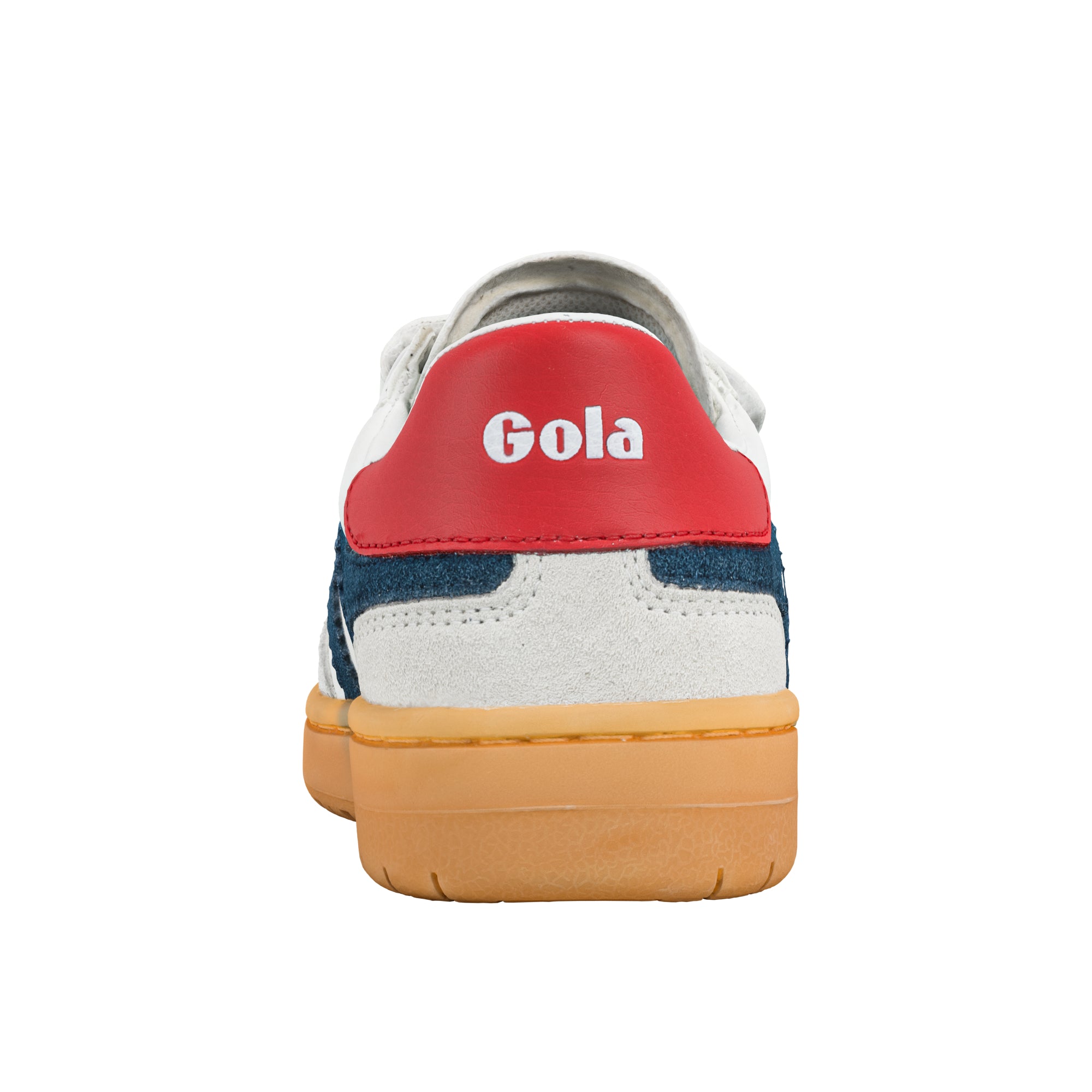 Rear view of a white Gola trainer with a red heel tab and gum sole